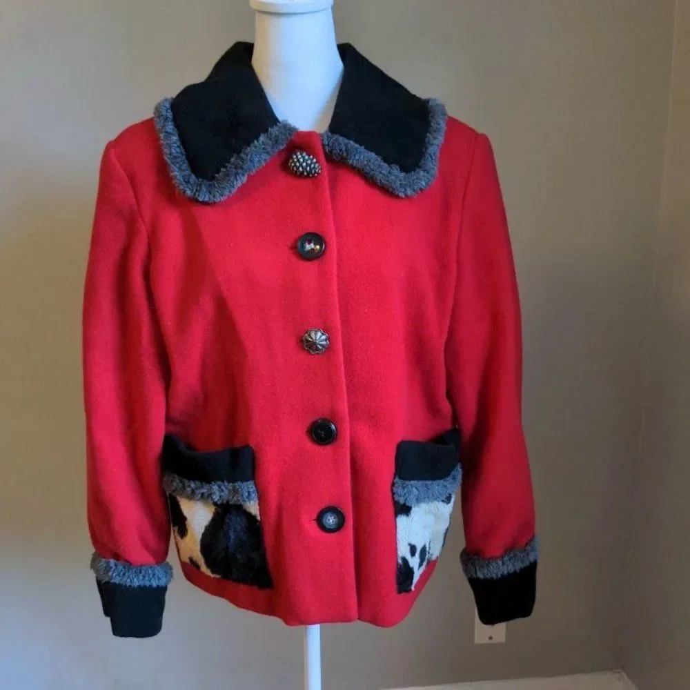 Vintage 90s Mailk Wool Jacket Cow Print Blazer Art to Wear Cottagecore Small